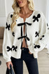Ribbon Tie Front Bow Jacquard Knit Cardigan